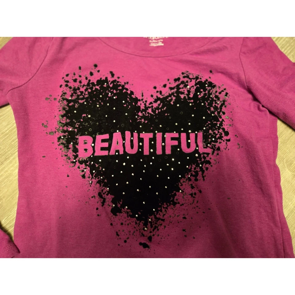 Xhilaration Girls XL 14/16 Long Sleeve Shirt Beautiful Heart Sparkle Pink Purple - Image 2 of 4