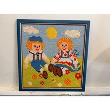 Raggedy Anne and Raggedy Andy Vintage Needlepoint Wall Art