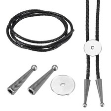 Bolo Tie Kit with Slide Clasp Cord End Cap Black Rope, Style 1, Silver Tone