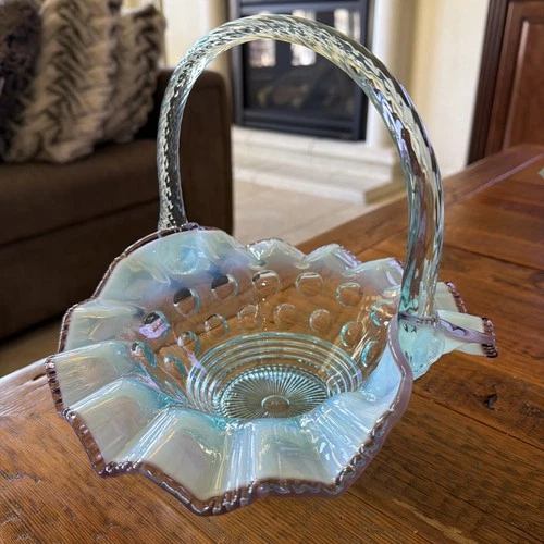 Vintage Fenton Aquamarine Opalescent Coin Dot Basket with Lavender Ruffled Edge