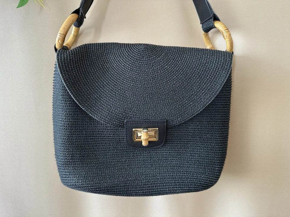 Eric Javits Mujeres Negro Tejido Rafia Cuero Correa Informal Mediano Cartera Bolso de Hombro Foto 3 de 4