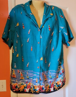 White Stag 22W/24W Blue Short Sleeve Button-Up Collared Blouse with sailboats