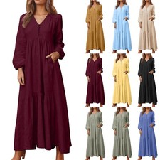 Women Casual Long Sleeve Maxi Dress Loose Button V Neck High Waist Layered Dress