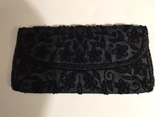 Vintage Black Beaded Fabric Clutch Purse Hand Made in France VGPC 10 x 5 Snap