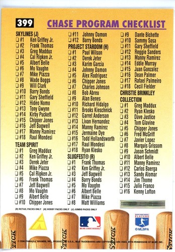 1996 Pinnacle - Checklist #399 Ken Griffey Jr, Cal Ripken, Frank Thomas - Picture 2 of 2