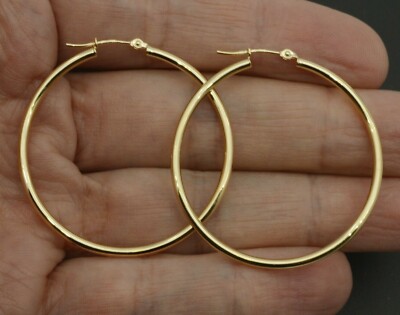 14k Solid Yellow Gold ''Large'' Plain Round hoop Earrings 40mm x2MM 1.7GR