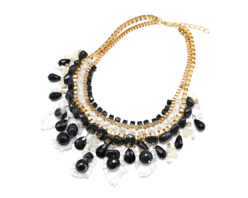 CC817 - Plastron Multi-Rank Pearl, Gold Metal and Black/White Stones Necklace - Picture 1 of 2
