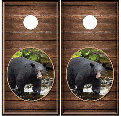 Black Bear Wood Background Cornhole Board Decal Wrap Wraps