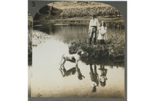 BOY, GIRL + DOG STADING IN STREAM/WATER, OUTDOOR STEREOVIEW