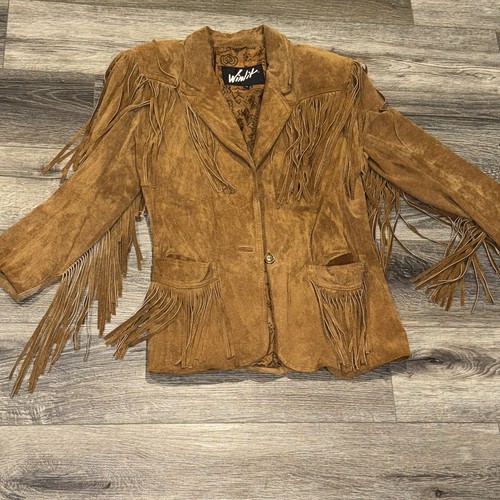 Vintage Winlit Tan Suede Leather Blazer M w/ Oversized Fringe Wings HIPPIE KOREA - Picture 1 of 12