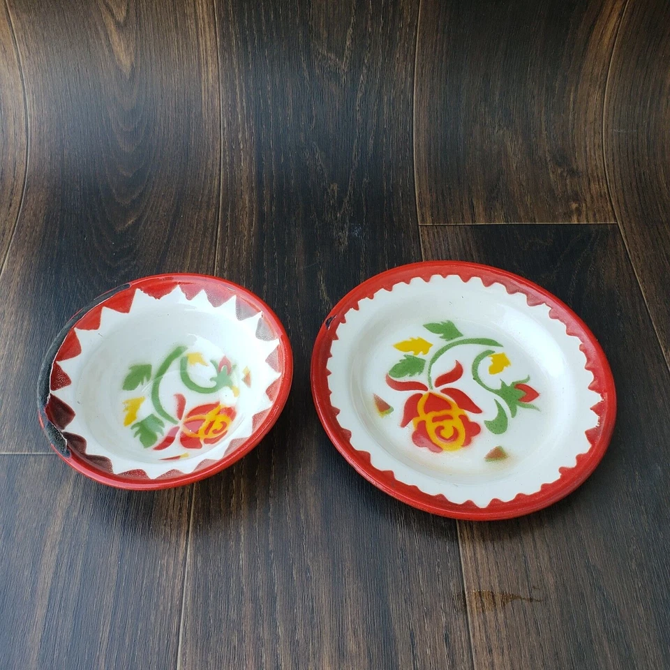 Collectible Set of Porcelain Enamel Bowl and Plate Vintage style Enamel Cookware - Image 3 of 4