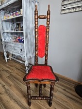Antique Spanish Jacobean High-Back Hall Prayer Chair Red Velvet Wood Throne 