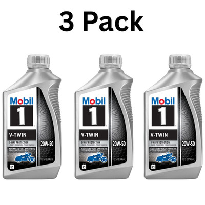 (3 pack) Mobil 1 V-Twin Full Synthetic Motorcycle Oil 20W-50, 1 Quart