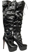 Dark Goth SHOES OVER THE KNEE BOOTS Side Zip Size 11 Stunning Heel 6 in Buckles
