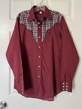 Vintage 70s Sears Western Wear Pearl Snap Shirt Red Blue Plaid Print M 15 Read 