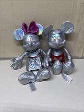 Disney 100th Anniversary Mickey  Minnie Silver Iridescent Plush Set Platinum