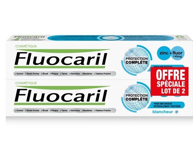 Dentifrice Fluocaril zinc fluor 145mg blancheur pour éliminer les taches jaunes et protéger l'émail