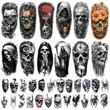 77 Sheets Skeleton Skull Temporary Tattoo for Women Men, 17 Sheets Half Arm Larg