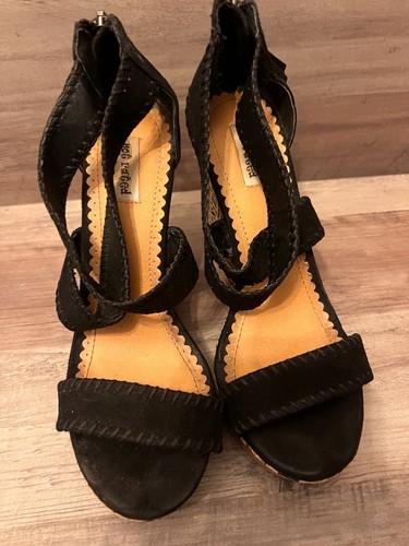 Not Rated Black Suede Wedge Sandals with Geometric Pattern
