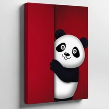 Cheerful Cartoon Panda Peeks From Behind A Vibrant Red Wall Wall Art Home Decor