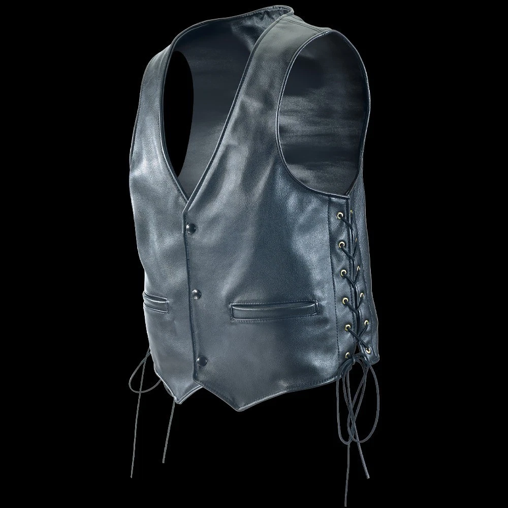 Side Lace Up Button-Front Hippie Men Original Leather Vest Club Style Biker Vest