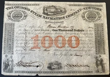 1853 ORINCO STEAM NAVIGATION COMPANY Stock Certificate New York City Venezuela