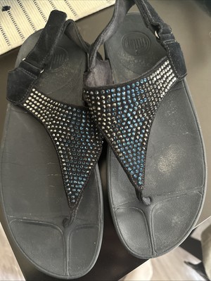 FITFLOP Rokkit Navy Diamond Sandal Embellished Thong Comfort 6 Blue Slip On