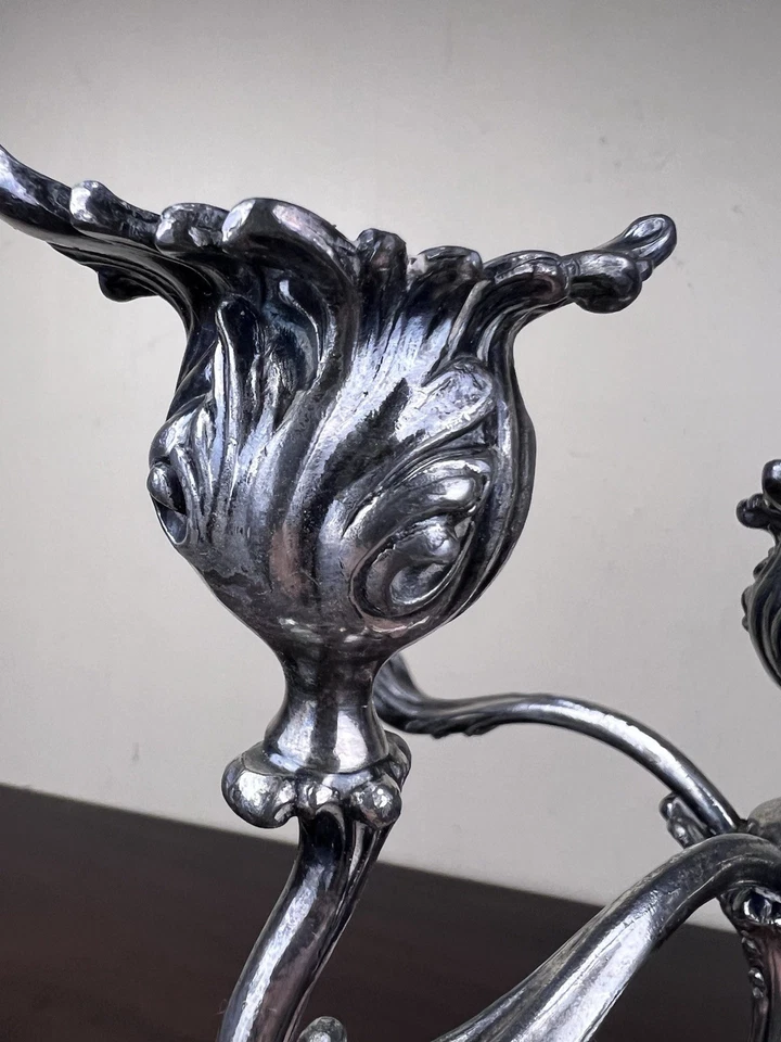 Antique Art Nouveau Silver Plated Candelabra 5 Arm Ornate Swirl 12.5" Flaw - Image 3 of 4