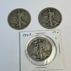 Three (3) Walking Liberty Half Dollars-90% Silver circulated 1943 1927-S 1928-S