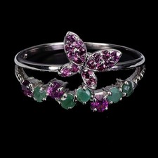 925 Sterling Silver Ring Round Emerald Rhodolite Natural Gemstone Jewelry Size 7