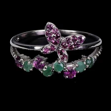 925 Sterling Silver Ring Round Emerald Rhodolite Natural Gemstone Jewelry Size 7