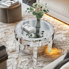 Mirrored Coffee Table w/ Crystal Inlay Modern Round Silver Glass Side End Table