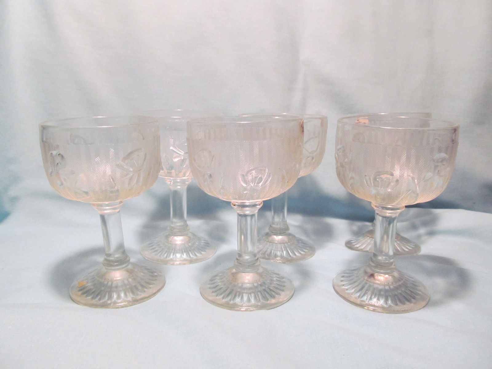 SIX IRIS & HERRINGBONE CRYSTAL WINE GOBLETS JEANNETTE DEPRESSION GLASS 4 1/4
