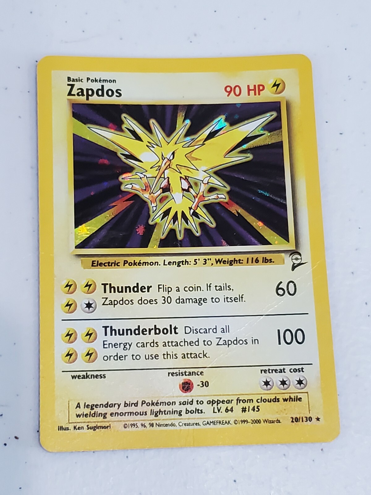 1999 Pokemon Zapdos 20/130 HOLO Base Set Card