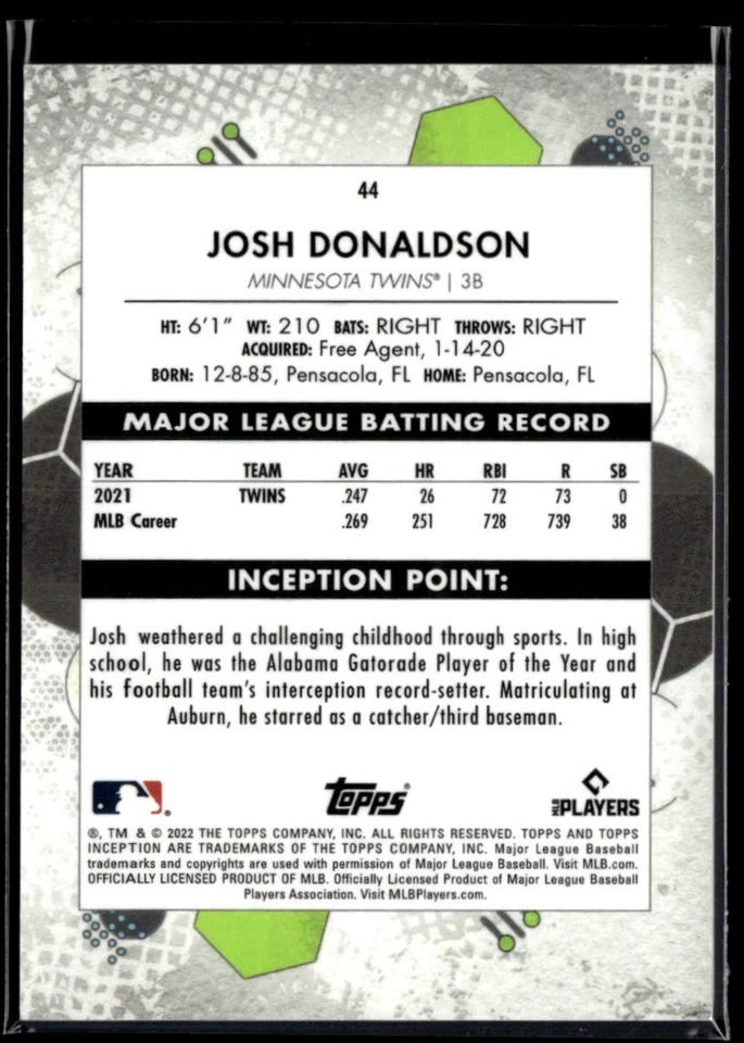 2022 Topps Inception Green #44 Josh Donaldson  BB01R02B - Image 2 of 2