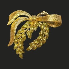 Broche prendedor vintage Joan Rivers ramillete de laurel verde con lazo dorado texturizado