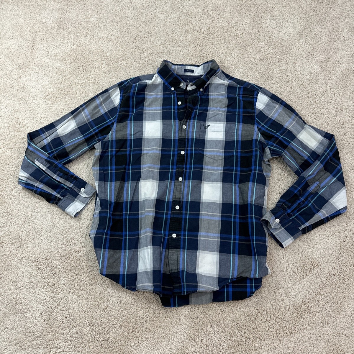 American Eagle Button Down Shirt L Slim Fit Blue Gray Plaid Outdoor  Lightweight