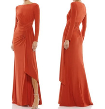 with tags Mac Duggal 26714 Ruched Long Sleeve Cowl Neck Draped Gown D G1N