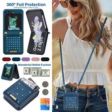 For Samsung Galaxy Z Flip 5/ Z Flip 4 Flip3 Women Leather Wallet Lanyard Case