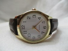 Wristwatch Brown Buckle Band Gold Tone Round White Face Minimalist Simple