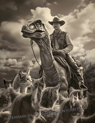 Cowboy Riding Dinosaur Kitty Herd Cat Drive 1903 Photo Wild West Oregon 8.5x11