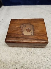 Celtic Brass Card Holder W/3 Gold Foil 24k Playing Cards, Wood Storage Box