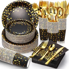 700 Pcs Black and Gold Party Supplies,Severs 100 Guests Disposable Dinnerware...