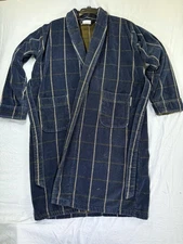 VTG GB Geoffrey Beene Heavy Robe Mens L/XL Blue Plaid Cotton Belted Sleepwear