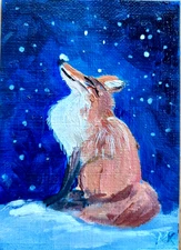 ACEO ORIGINAL oil painting  -  Christmas fox - 2.5x3.5 in artist MK