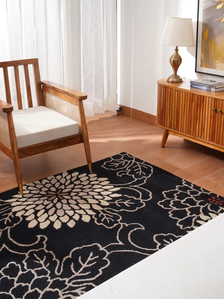 Hand-Tufted Wool Rug Black Floral Modern Design For Living Room Carpet Rug Sale - Image 4 of 4