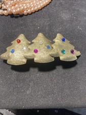 Hair 3 Christmas Trees Barrette Clip jewels metallic gold 1.67x4.07" Vintage