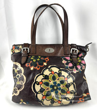 Fossil Key-per Coated Canvas Tote Shopping Bag Brown Floral Doodles 16" x 12"
