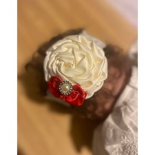Newborn Lace Headband Flower Ivory Red Christening Rolled Rose Ivory Red