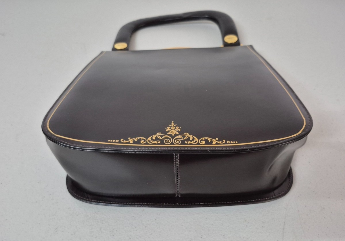 Vtg 60s Black Leather Top Handle Frame Bag – Gold Scroll - Clasp